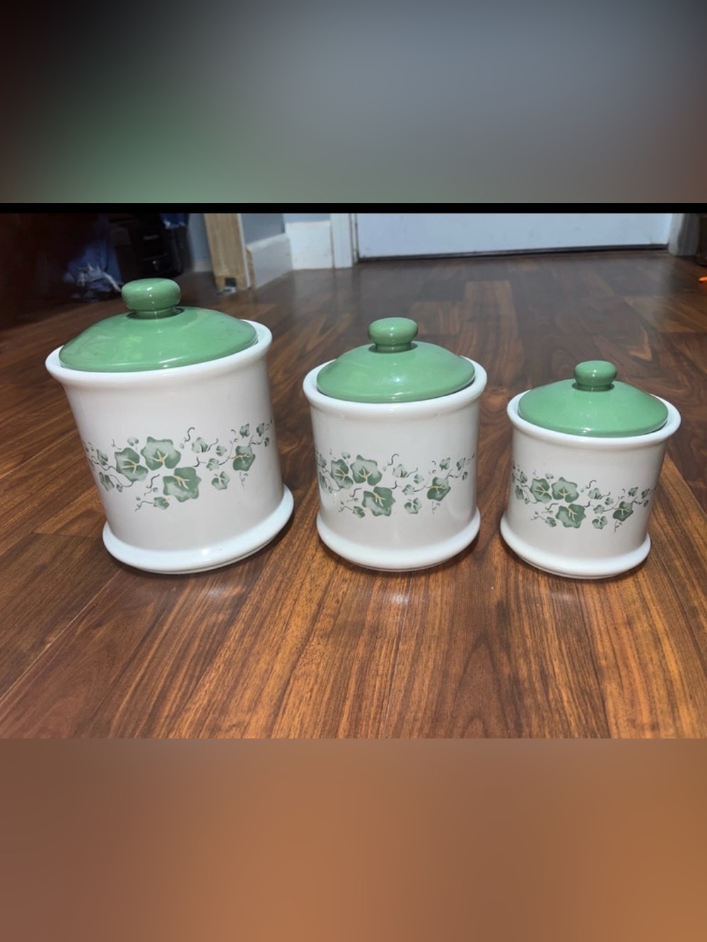 Ceramic Canister with Green Lid and Ivy Motif